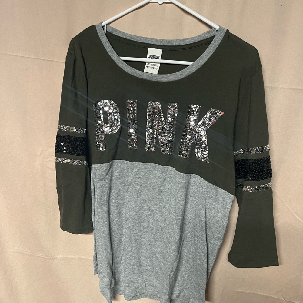 PINK glitter army green and grey 3/4 long sleeve t-shirt